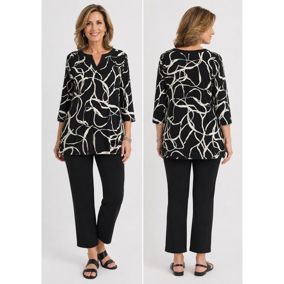 Chico's Tops - Chicos Travelers Tunic 0 S Black Cream Abstract Split Neck 3/4 Sleeve Art Wear